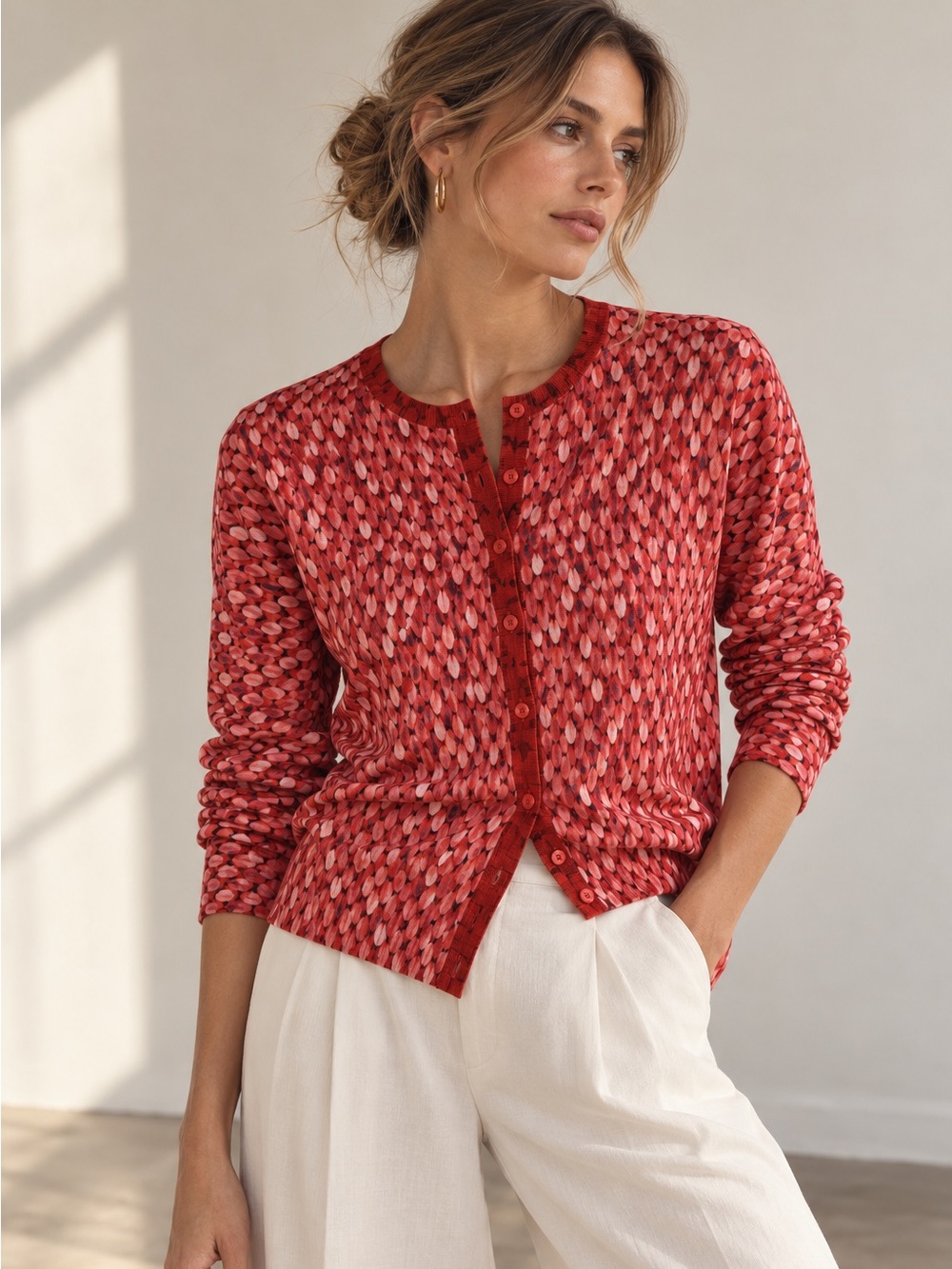 Escada Sport Merino Wool Printed Cardigan Red Pink Abstract